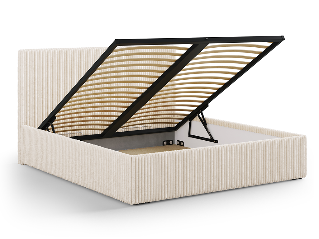 Łóżko Luna Soft – pojemnik na pościel i solidny stelaż metalowy w tkaninie sztruks Ambience Łóżko tapicerowane Luna Soft z otwartym pojemnikiem i metalowym stelażem w tkaninie sztruks Ambience