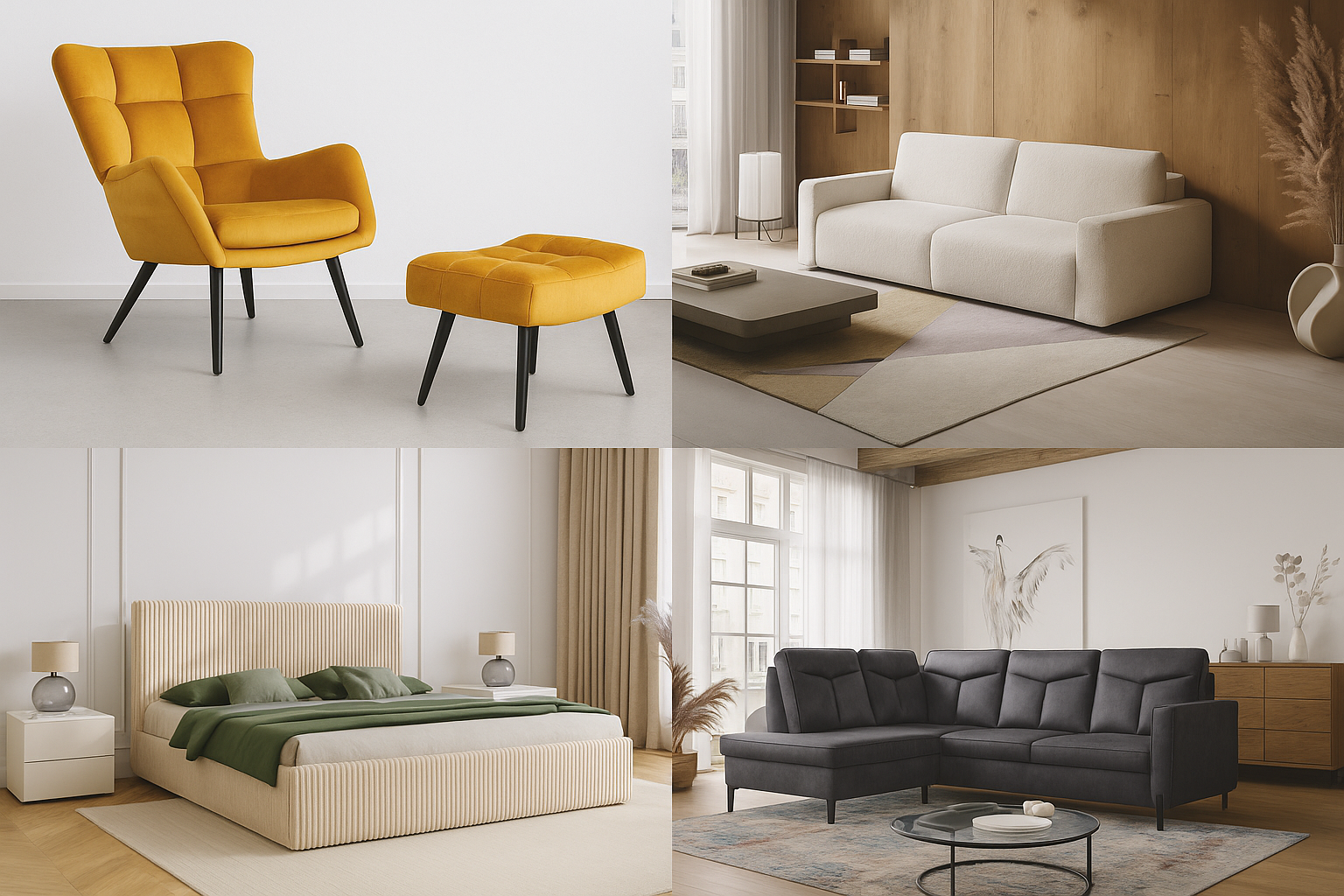 Nowoczesne meble tapicerowane – komfortowe sofy, łóżka, narożniki i fotele w różnych stylach Meble tapicerowane do salonu i sypialni – sofa, narożnik, łóżko tapicerowane i fotel z pufą w nowoczesnym stylu