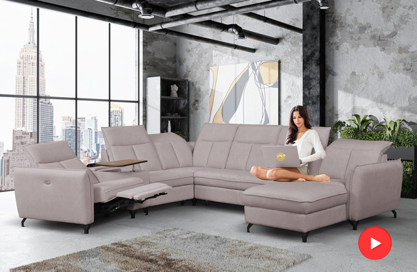 Narożnik z funkcją spania Barcelona U-kształtny z pojemnikiem ciemny beż z funkcją relaks TV prawostronny