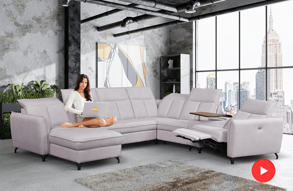 Narożnik z funkcją spania Barcelona U-kształtny z pojemnikiem beż z funkcją relaks TV lewostronny