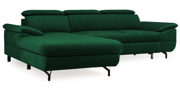 Narożnik z funkcją spania Gold L-kształtny butelkowa zieleń z pojemnikiem lewostronny