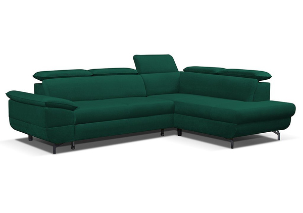 Narożnik z funkcją spania Gold L-kształtny butelkowa zieleń z pojemnikiem prawostronny