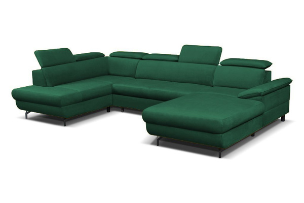 Narożnik z funkcją spania Gold U-kształtny butelkowa zieleń z pojemnikiem lewostronny