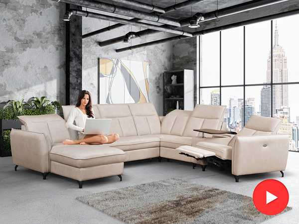 Narożnik z funkcją spania Barcelona U-kształtny z pojemnikiem beżowy z funkcją relaks TV lewostronny