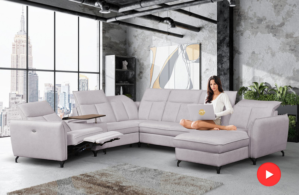 Narożnik z funkcją spania Barcelona U-kształtny z pojemnikiem beż z funkcją relaks TV prawostronny